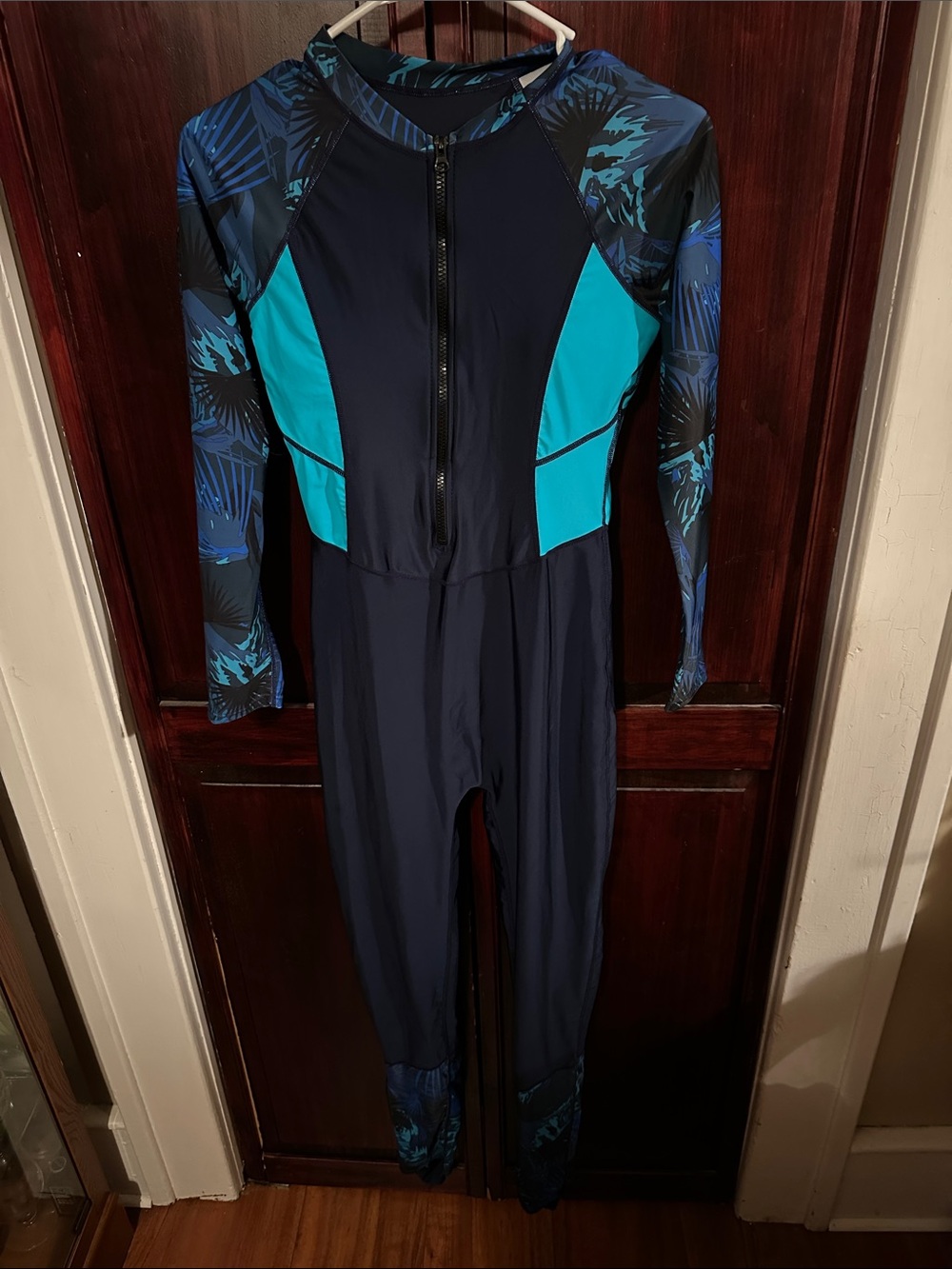 Women’s Navy & Teal Full Body Rash Guard Zip-Front Swimsuit IV Protection Size M